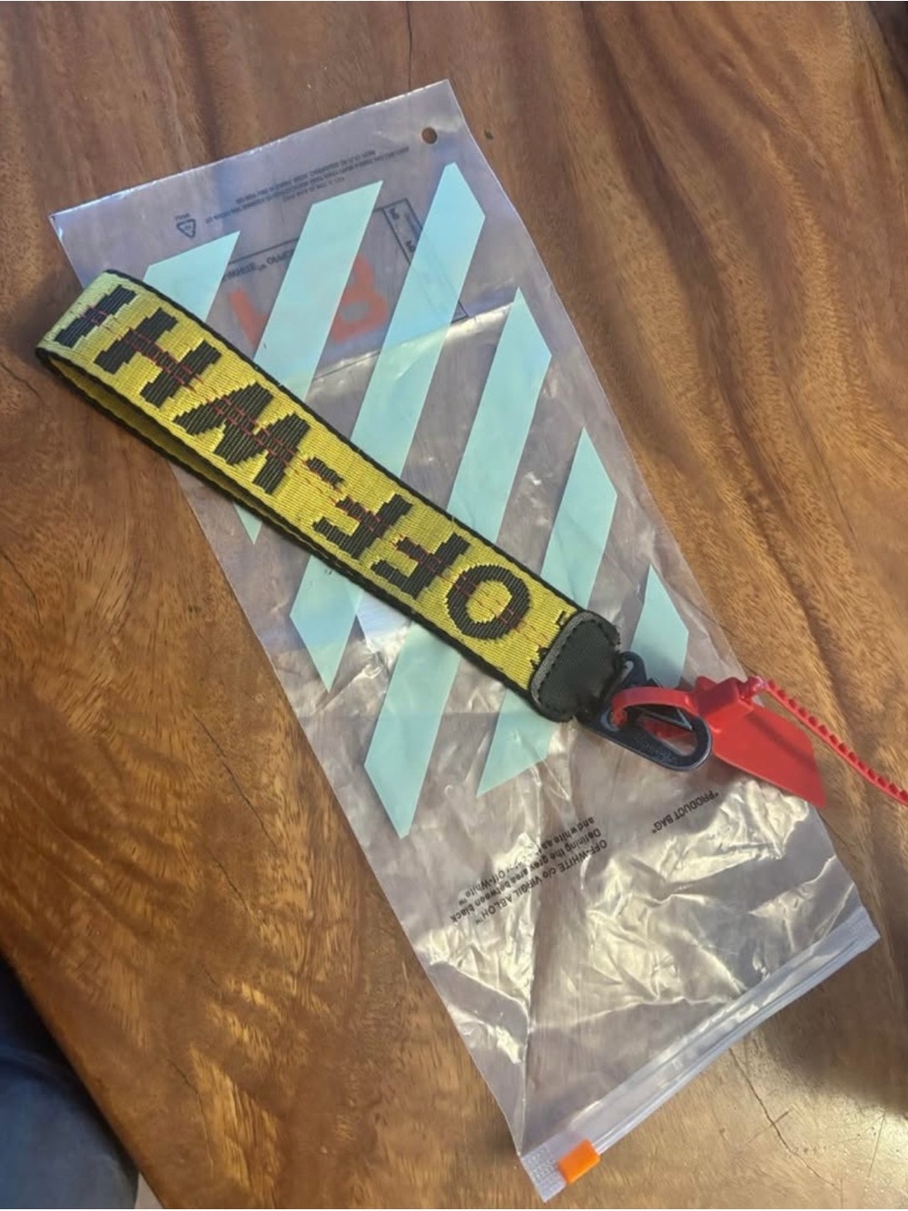 Off-White Yellow Industrial Keychain Strap with Red Tag